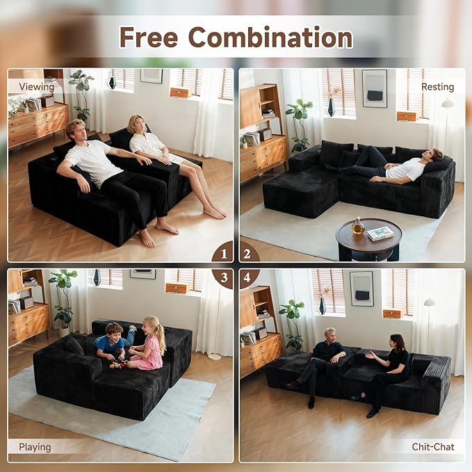 Upgrade 108’’ L Shape Cloud Couch, Plush Corduroy Sectional Sofa with Chaise, Boneless Couches for Living Room Bedroom, No Assembly Required (Black, Left Facing Chaise)