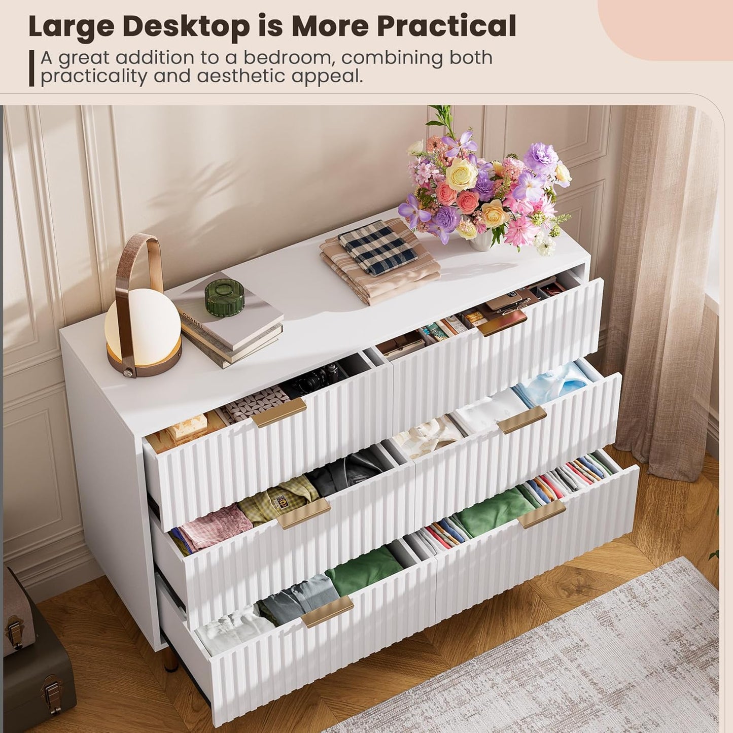 White 6 Drawer Dresser for Bedroom, Fluted 54" Wide Modern Chest of Drawers with Deep Drawers, Long Large Double Dresser TV Stand for Living Room, Hallway, Kids Room