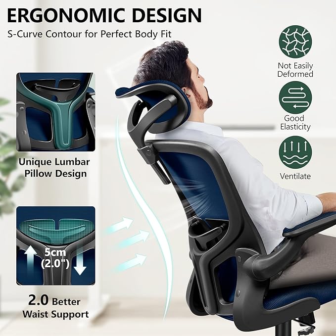 FelixKing Ergonomic Office Desk Chair with Headrest, Wheels, Adjustable Lumbar Support and Height, Swivel Comfy Task Chair with Flip-up Armrests, Ergo Mesh Backrest for Working (Navy)