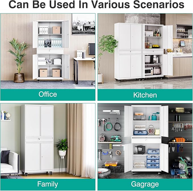 SISESOL White Metal Storage Cabinet with Wheels and Drawer,Rolling Garage Cabinet with Locking Doors and Adjustable Shelves,73" Mobile Tall Large Metal Cabinets for Home,Office,Garage,Shop