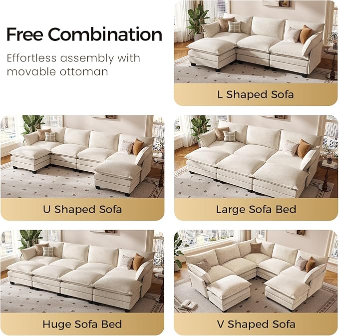 KKL 91.3" Modular Sectional Sofa, L-Shaped 4 Seater Cloud Couch with Ottoman, Chenille Modern Sectional Couches for Living Room, Apartment, Beige