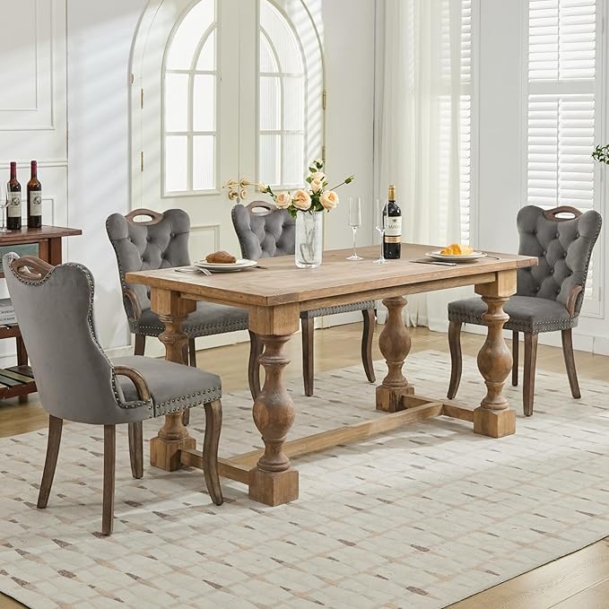 Velvet Dining Chairs Set of 4, Solid Wood Handles, Wooden Upholstered Dining Chair, Vintage Copper Nail Decoration, Mid Century Modern Kitchen Chair (Grey, Set of 4)