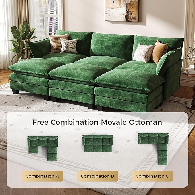 KKL 91.3" Large Modular Sectional Sofa Bed, 6 Seater Convertible U/J/L-Shaped Sleeper Cloud Couch with Ottoman, Chenille Sectional Couches for Living Room, Apartment, Green