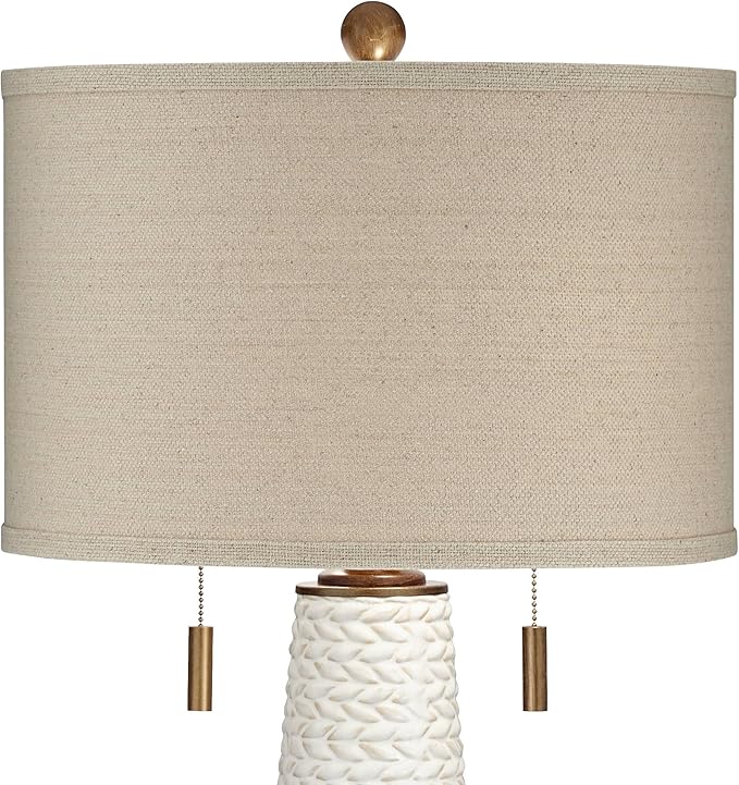 Possini Euro Design Kingston Mid-Century Modern Table Lamp with USB Charging Port 32.75" Tall White Ceramic Taupe Fabric Drum Shade for Living Room Bedroom House Bedside Nightstand Home Office