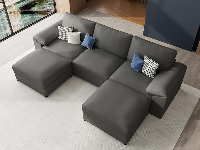 EASE MOOSE Oversized Modular Sofa with Deep Seat,Leather Sectional U Shaped Couch for Living Room,Comfy Scratch Resistant Faux Leather Material,Modern Sofas with Ottoman,Grey