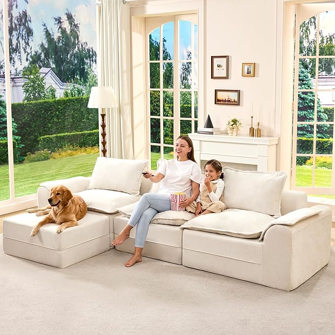Hobestluk 120" Cloud Modular Sectional Couch 3-Seater Sofa with Ottoman L Shaped Sofa with Removable Cover Large Sofa Couch for Living Room (Beige, 3-Seater Sofa with One Ottoman)