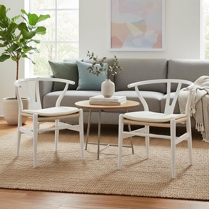 Tomile Wishbone Dining Chair with Arms, A Clean White PU Cushion Included on Handwoven Seat, Modern Mid-Century Y-Chair Crafted from White Ash Wood, Ideal for Dining Room Chairs Set (Ash Wood - White)