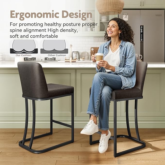 MAISON ARTS Counter Height Bar Stools with Back Set of 6 for Kitchen Counter, 24 Inch Modern Upholstered Faux Leather Barstools Farmhouse Bar Chairs Luxury Island Stools Support 330LBS, Grey