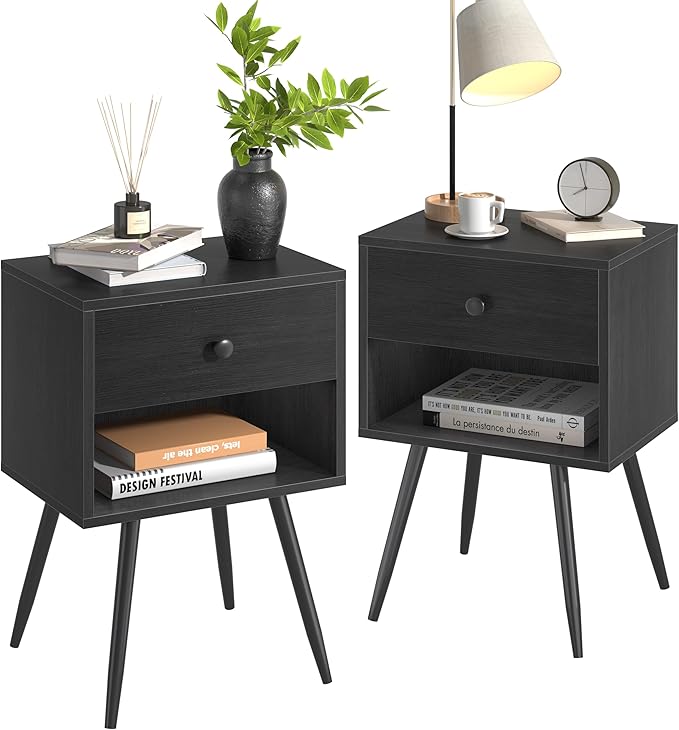 VECELO Nightstands Set of 2, Mid Century Modern End Bedside Table, Night Stand with Storage Drawer and 2 Tiers Open Shelf for Small Place, Bedroom, Living Room, Easy Assembly, Black