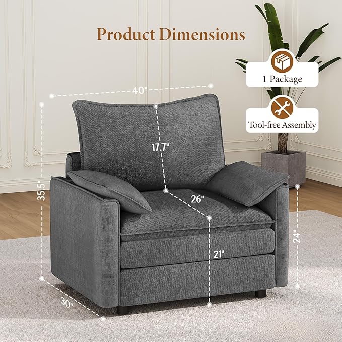 Vesgantti 40" Single Seat Sofa, Comfy Cloud Couch Deep Seat Upholstered Couch Chenille Modern Sofa with Armrest Pillow, Easy Assembly for Living Room, Bedroom and Apartment, Gray