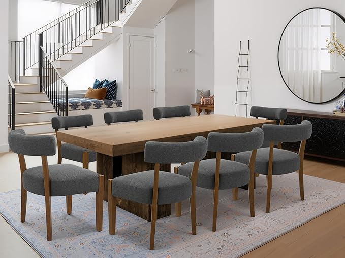 Modern Dining Chairs Set of 4, Walnut Upholstered Kitchen & Dining Room Chairs, Mid Century Wooden Dining Chairs Oversized Sturdy Fabric Rounded Chairs Curved Back, Dark Grey