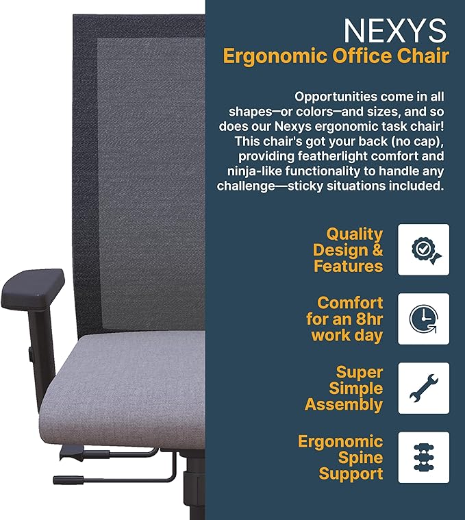 Nexys Home Office Desk Chair, Adjustable Tilt, Height Adjustable Armrests, High Mesh Back Variable Height, Rolling Work Swivel Chairs with Wheels, Comfortable for Long Hours, Lunar | Fabric