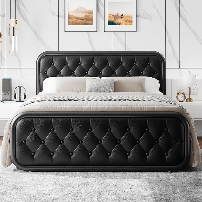 Einhomn® Queen Size Metal Bed Frame with Button Tufted Leather Upholstered Headboard and Footboard, U-Shape Support Foundation, No Box Spring Required, Black