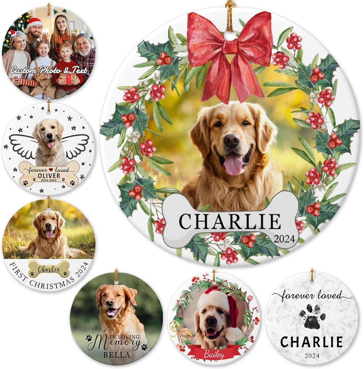 Personalized Dog Photo Ornament 2025 Custom Pet Cat Picture Name Ornaments for Christmas Tree,Dog 1st Christmas Ornament Gift, Double-Sided Ceramic Customized Xmas Ornament