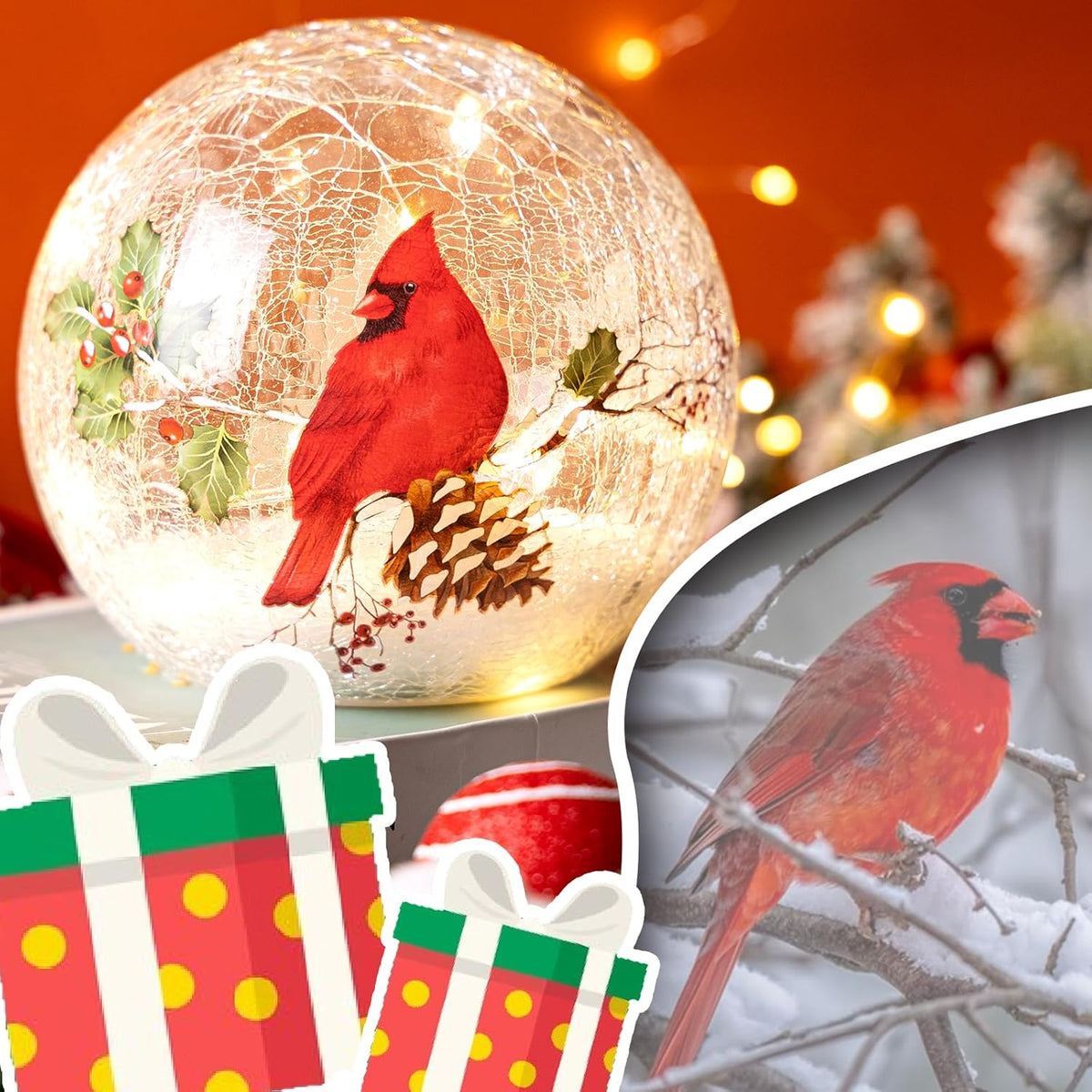 Christmas Decorations Indoor,Glass Globe Cardinal Lamp,Crackle Ball LED Lights Battery Operated,with Timer Snowflake Inside,Red Bird,Night Light for Table Decor (Large)