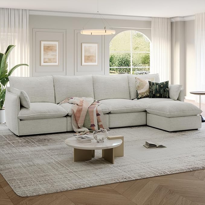 124" Cloud Modular Sectional Sofa, Waterproof Down Filled Sectional Couch, High Backrest L Shaped 4 Seater Couch with Ottoman, Modern Modular Sofas with Removable Cover, Cream White