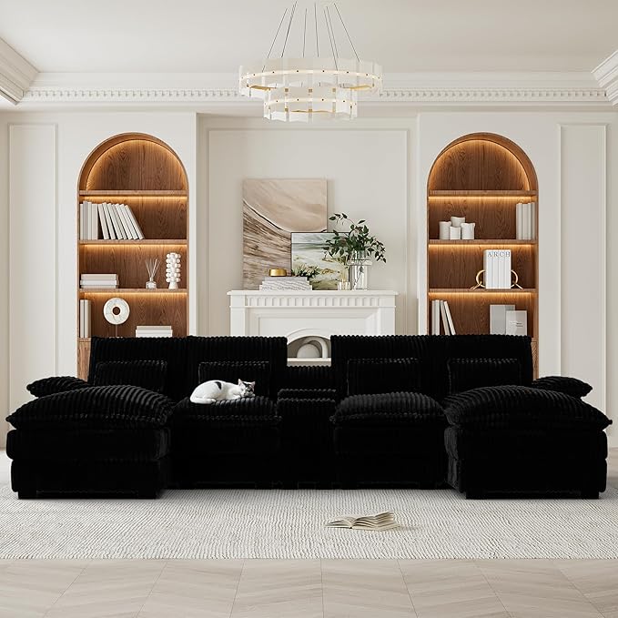HYJT-H&K 124" U Shaped Cloud Couch Sectional, Comfy Fluffy Plush Corduroy Dark Black Sectional Couches for Living Room, Modern Modular Corduroy Couch Sectionals with Central Console & Double Chaise