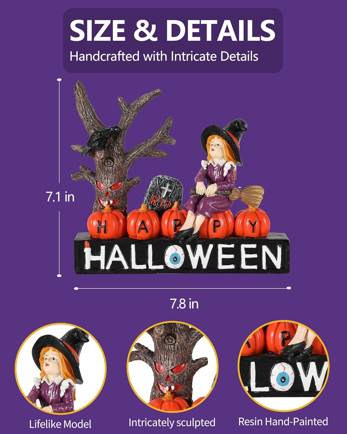 Halloween Decorations Indoor 7.8'' Resin Monsters - Witch Pumpkins Black Crow Spooky Tree R.I.P Graveyard Tombstones with Decorative Happy Halloween Sign Figurines (Witch)