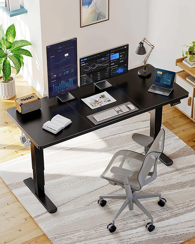 HUANUO 60x30 Inch 3-Stage Legs Electric Standing Desk, Large Height Adjustable Office Desk with Brushless Motor, Stand Up Desk with 4 Memory Presets & 2 Hooks, Computer Desk for Home Office, Black