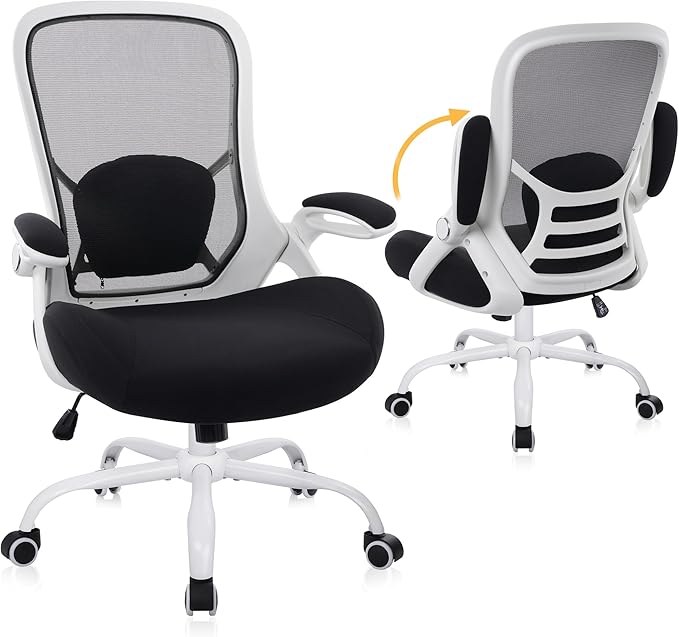 HYLONE 400lbs Heavy Duty Office Chair, 5" Thickened Seat Ergonomic Desk Chair with Adjustable Armrests, Home Office Computer Chairs for Long Hours Mesh Executive Chair(White Base&Black)