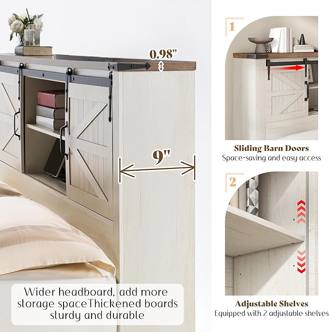 AMERLIFE Farmhouse Queen Bed Frame with Storage Headboard & Charging Station, Rustic Wood Platform Bed with Barn Door Bookcase, No Box Spring Needed, Antique White Bedroom Furniture