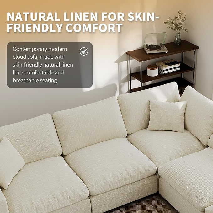 Modern Sectional Linen Couch for Living Room,4 Seat Modular Cloud Sofas,Detachable Couch Cushion Covers,Cozy Feather Down Sofa for Apartment Beige