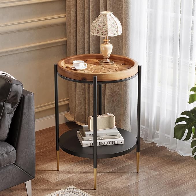 Tribesigns Round Side Table Set of 2, 2-Tier End Table with Solid Wood and Metal, Industrial Nightstand for Small Spaces, Living Room, Bedroom, Study Room (Rustic Brown)