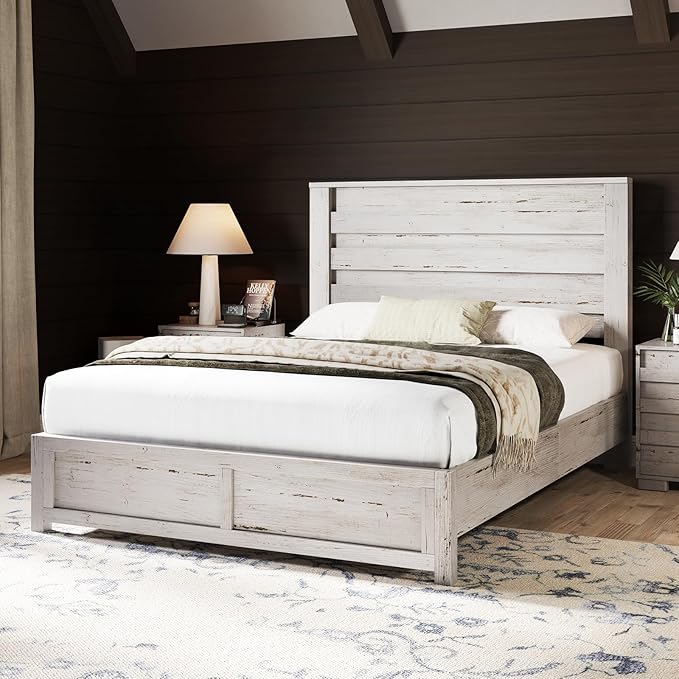 AMERLIFE Farmhouse Full Size Bed Frame with 49" Fluted Headboard, Platform Bed with Natural Wood Grain, No Box Spring Needed/Noise Free, Distressed White