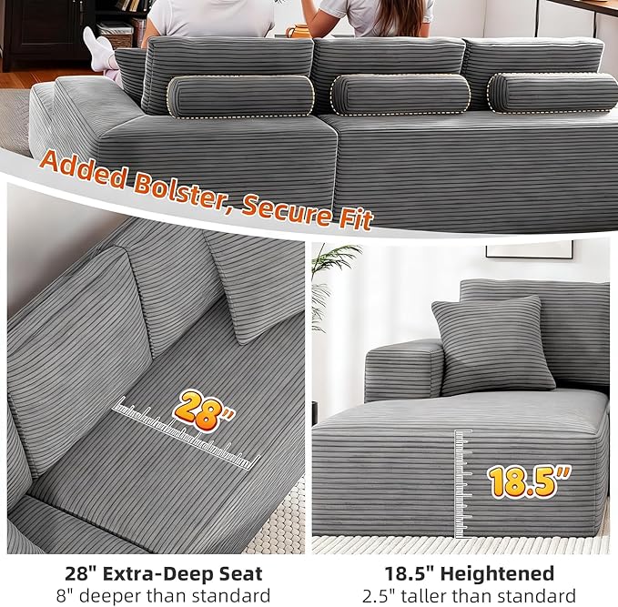 107" Boneless Couch, Sectional Couchs for Living Room & Bedroom, Cloud Couch with L-Shape Chaise Modern Modular Sofa with Deep Seat, No Assembly Required (Soft Gray)