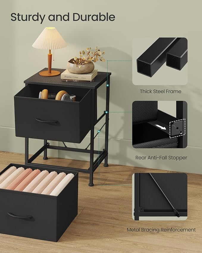 SONGMICS BELLAH Collection - Dressers for Bedroom, Chest of Drawers, Nightstands, 2 Drawers, Storage Organizer Unit, Closet, Entryway, Set of 2, Modern, Ink Black and Ebony Black ULGS112BH02S