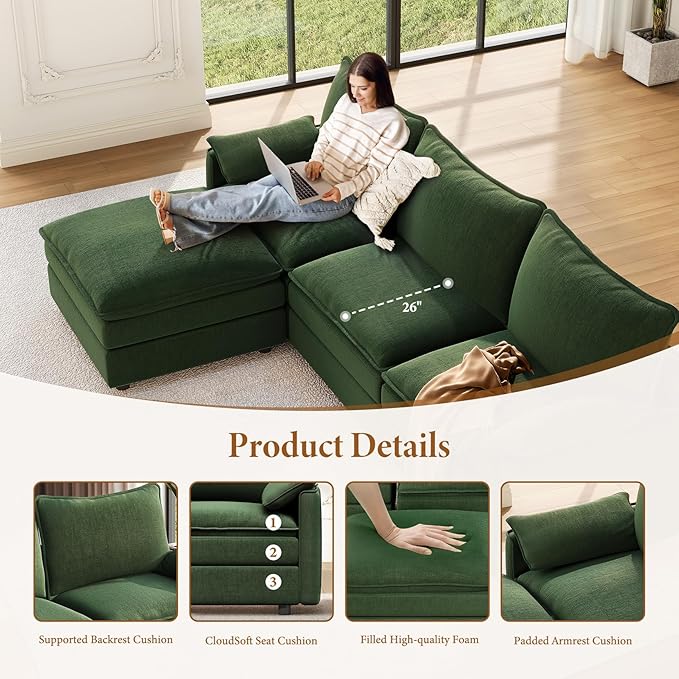 Vesgantti 108" Sectional Sleeper Sofa, 6-Seater Oversized Modular Cloud Couch with Movable Ottoman, Chenille Large Sofa Bed Convertible Deep Seat Couches for Living Room, Bedroom and Apartment, Green