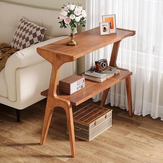Tribesigns Wood Side Table, 2-Tier Modern Tall End Table with Storage Shelves, Slim Couch Side Table for Living Room, Narrow Bedside Table, Nightstands for Bedroom, Cherry
