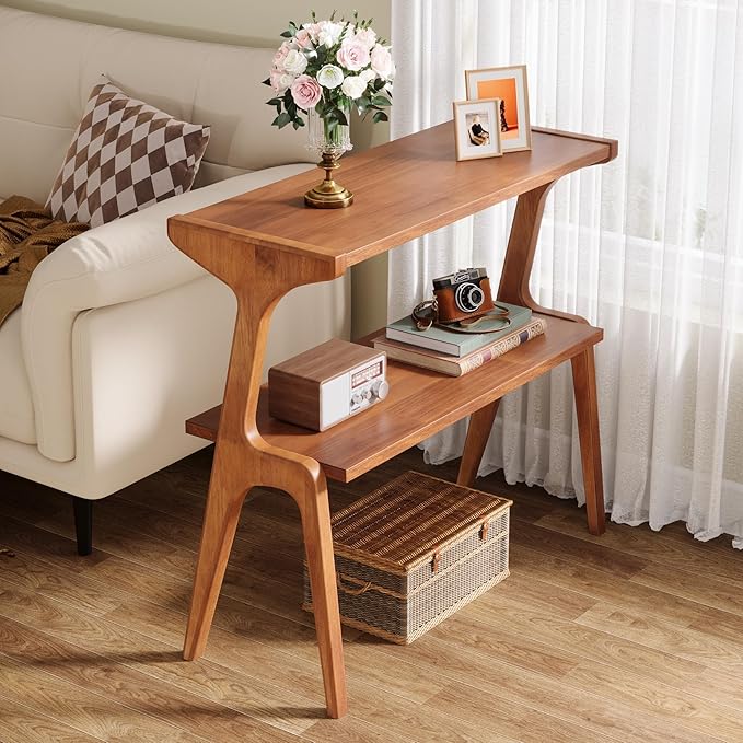 Tribesigns Narrow Side Table, 2-Tier Solid Wood End Table with Storage, Modern Tall Couch Side Table for Living Room, Slim Bedside Table for Bedroom, Small Spaces, Cherry