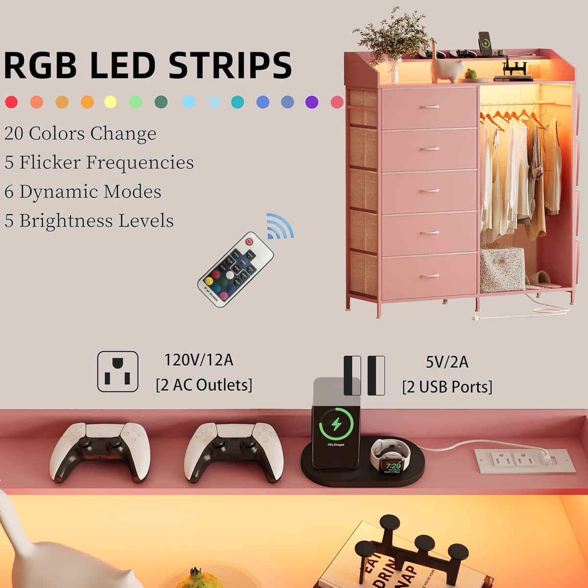 LUMTOK 2-in-1 Dresser with Hanging Racks,5 Fabric Drawers Dressers with LED Lights, Charging Station for Bedroom Living Room, Entryway, Closets (Pink)