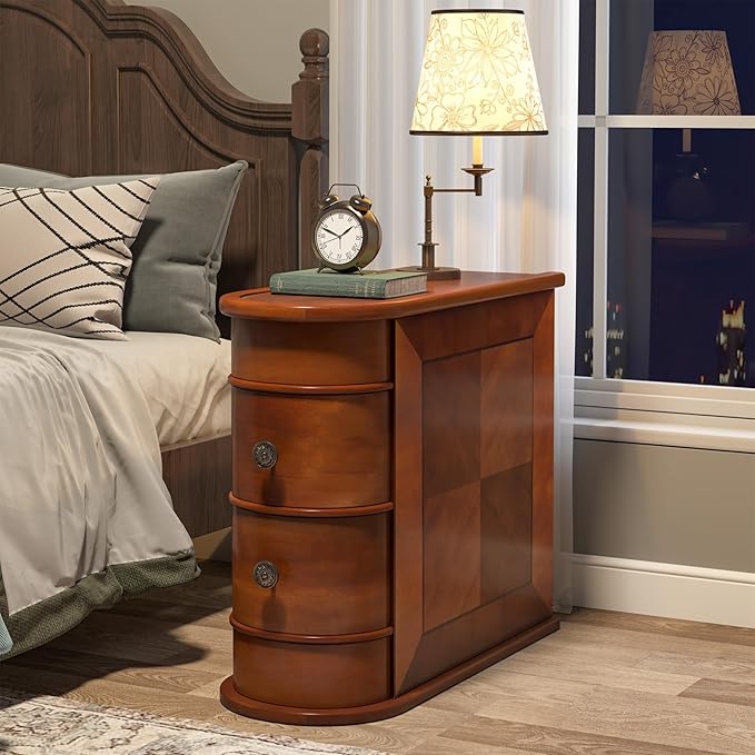 Tribesigns Wood End Table, 2-Drawer Narrow Side Table Slim Chair Solid Side Table, No Assembly Required, Finished Back