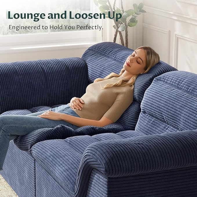 88" Sofa with Deep Seats Oversize, 3 Seater Cloud Couches, Upholstered Corduroy Couch for Living Room Bedroom, No Assembly Required, Blue