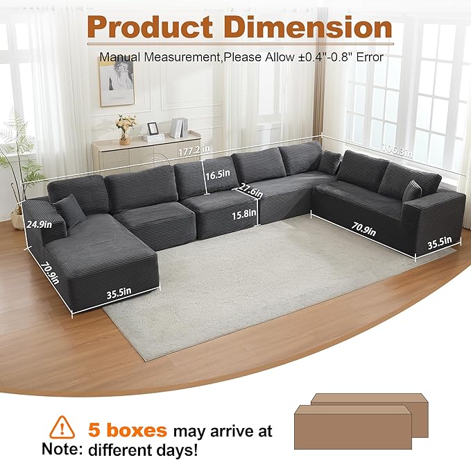 Modular Sectional Cloud Couch for Living Room,Modern Boneless Couche Set with Plush Corduroy,Comfy Floor Sofa with Memory Foam,Stupendous U Shaped Sofa with Chaise,No Assembly Required,Grey