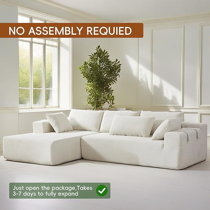 108" Modular Sectional Couch Sofa with L-Shape Chaise, Modern Cloud Comfy Sofa with Deep Seat, Upholstered Couches for Living Room Bedroom, No Assembly Required (Beige Left Facing Chaise)