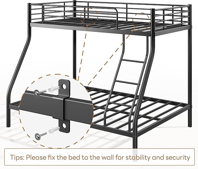 soges Metal Bunk Beds Twin Over Full Size with Ladder & Guardrail, Heavy Duty for Teens & Adults, Space Saving, No Box Spring Needed, Idea for Dorms & Small Rooms, Black