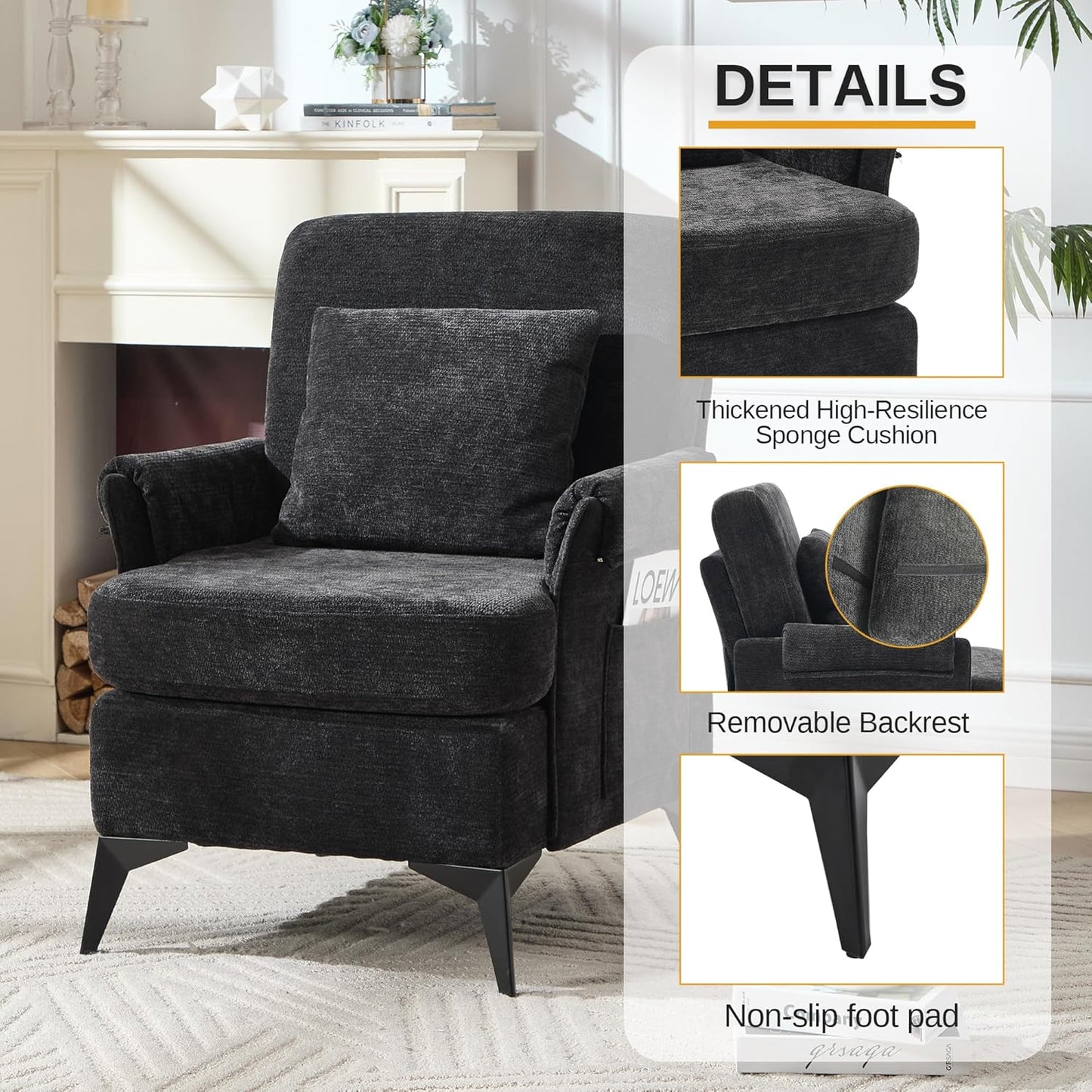 KCC Mid-Century Accent Chairs,Chenille Modern Upholstered Single Sofa,Cozy Armchair with Back for Bedroom/Office/Cafe,Black