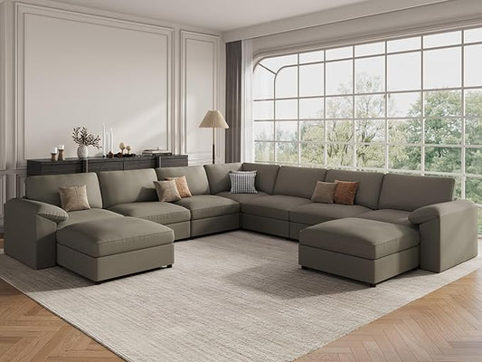 EASE MOOSE Oversized U Shaped Couch,Modular Sectional Convertible Sofa with Wide Deep,Extra Large Faux Leather Scratch Resistant Modern Couch for Big Spaces Living Room,Light Grey