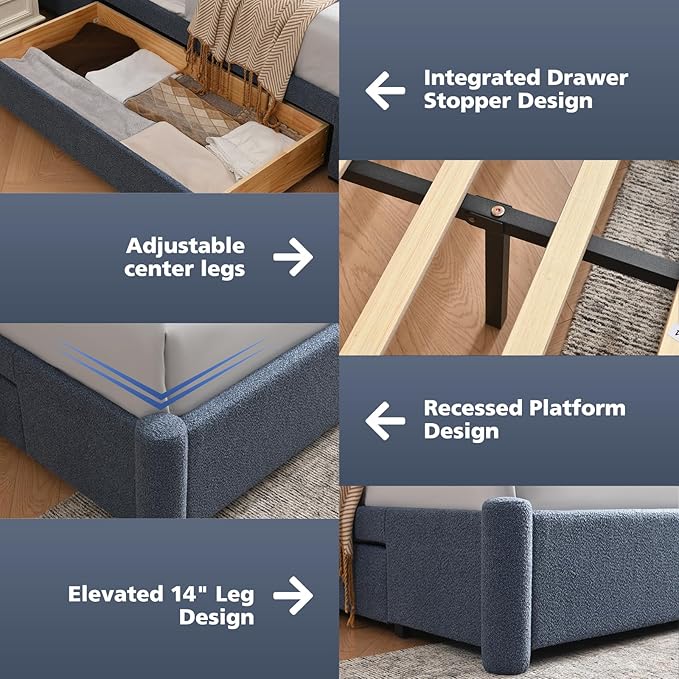 VELOCAVA King Size Upholstered Bed Frame with 51.77" Tall Headboard and Soft Rounded Corners, 2 Storage Drawers, 12-Slat Support, No Box Spring Needed, Linen-Blend Fabric, Dusty Blue