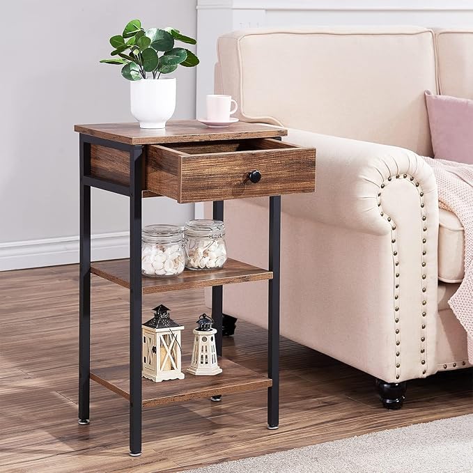 VECELO Tall End Table with Adjustable Shelf Night Stand with Drawer for Small Spaces,Living Room Bedroom, Brown,Set of 2