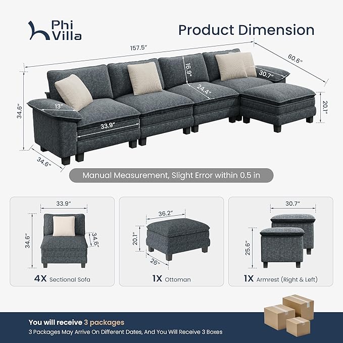 PHI VILLA Cloud Modular Couch Sets, 157.5" Sectional Sofa with L-Shaped Chaise, 5-Seater Upholstered Couches with Movable Ottoman for Living Room, Chenille Fabric, Dark Cyan