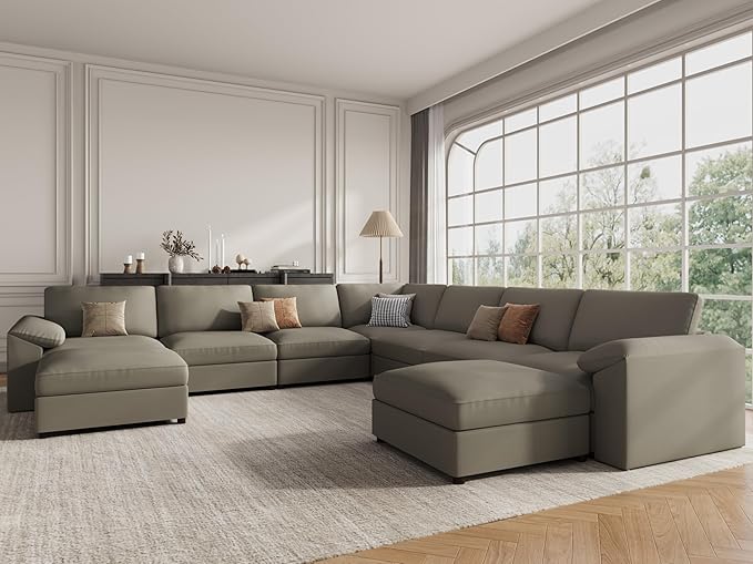 EASE MOOSE Oversized U Shaped Couch,Modular Sectional Convertible Sofa with Wide Deep,Extra Large Faux Leather Scratch Resistant Modern Couch for Big Spaces Living Room,Light Grey