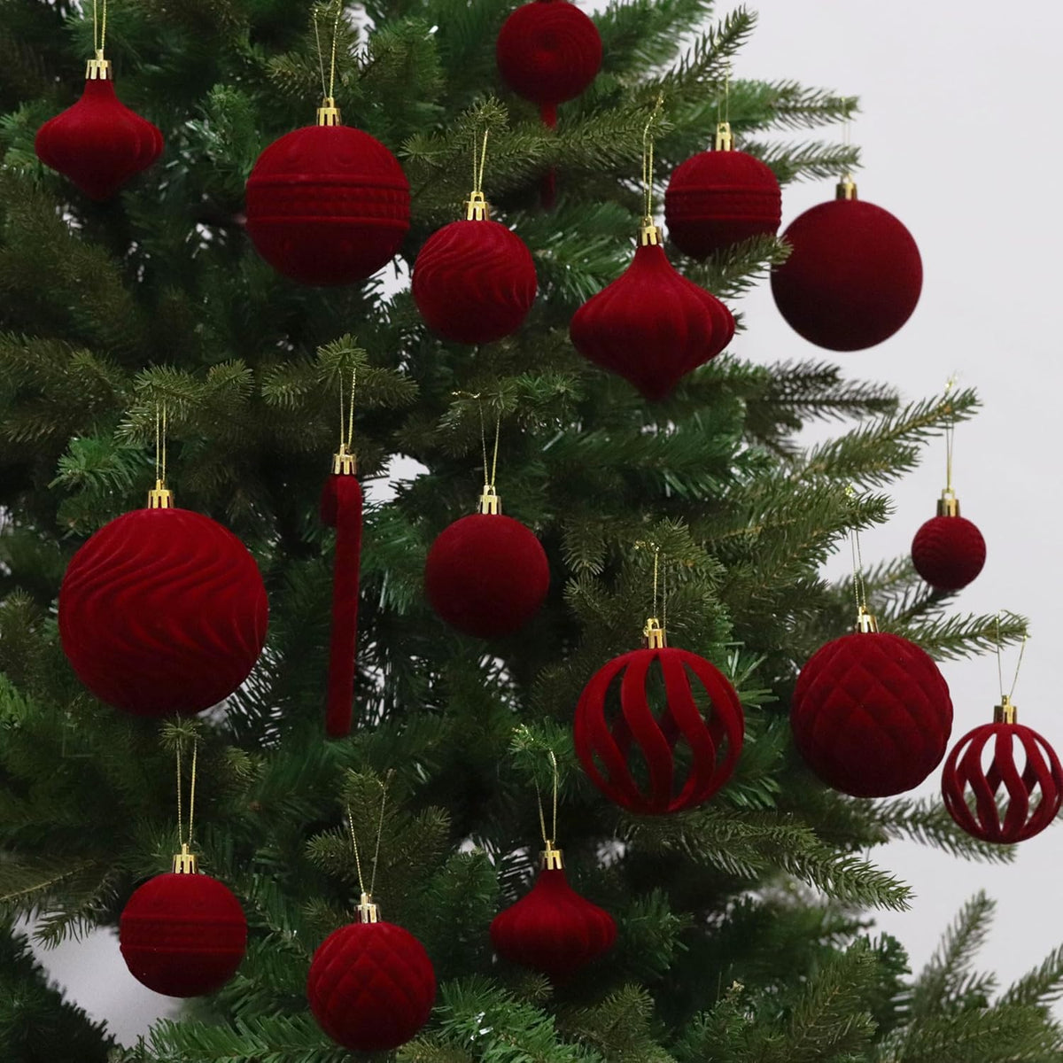 Senjie 63 PCS Velvet Ornaments Balls Sets for Christmas Tree Bulk Red Flocked Christmas Balls Assortment for Xmas Tree Holiday Decor