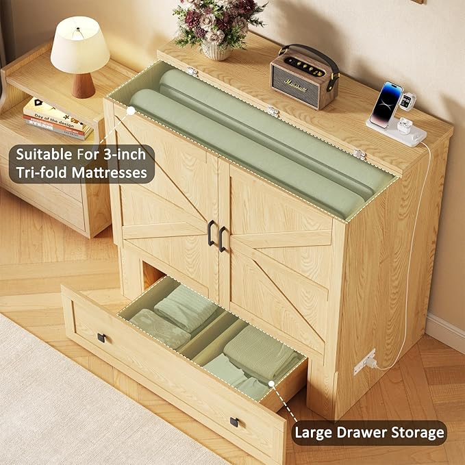 Murphy Bed with Built-in Charging Station, Space-Saving Murphy Bed Chest Twin with Drawer, Foldable, for Home Office Guest Room Bedroom,Natural
