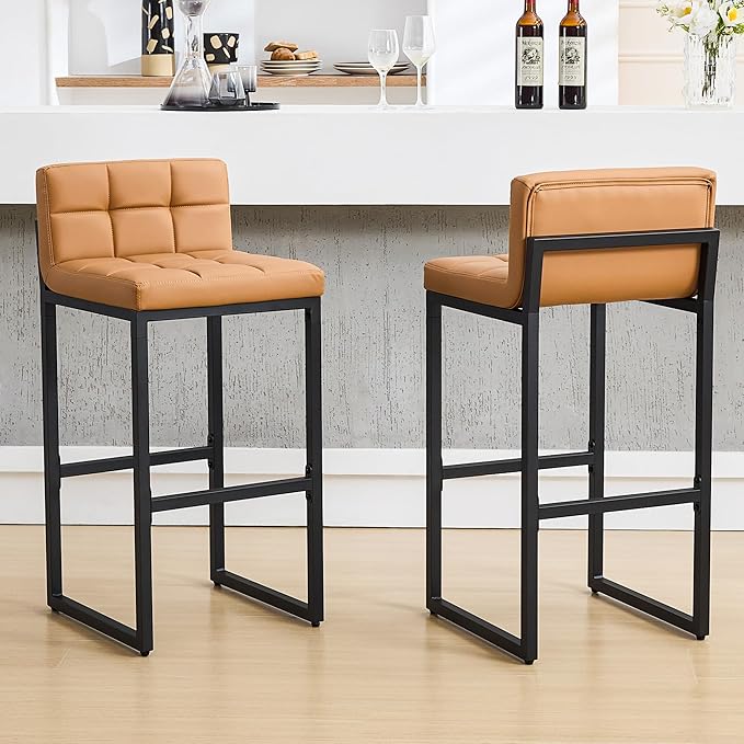 Bar Height Bar Stools Set of 2, Tall Counter Stool Barstools with Back, 30-inch Seat Height Island Stools Comfortable Bar Chairs for Kitchen Island (Caramel Brown, 2Pcs 30" Bar Stools)