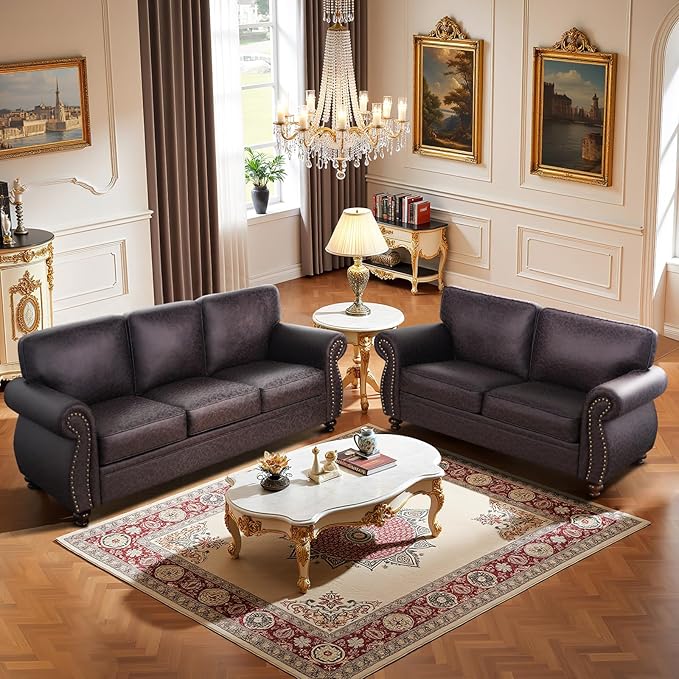 Mid-Century Vintage Sofa Couches with Rivet Design,loveseat Sofa,Removable Sofa Cover Upholstered Cushions and Solid Wood Frame (Brown, Loveseat)