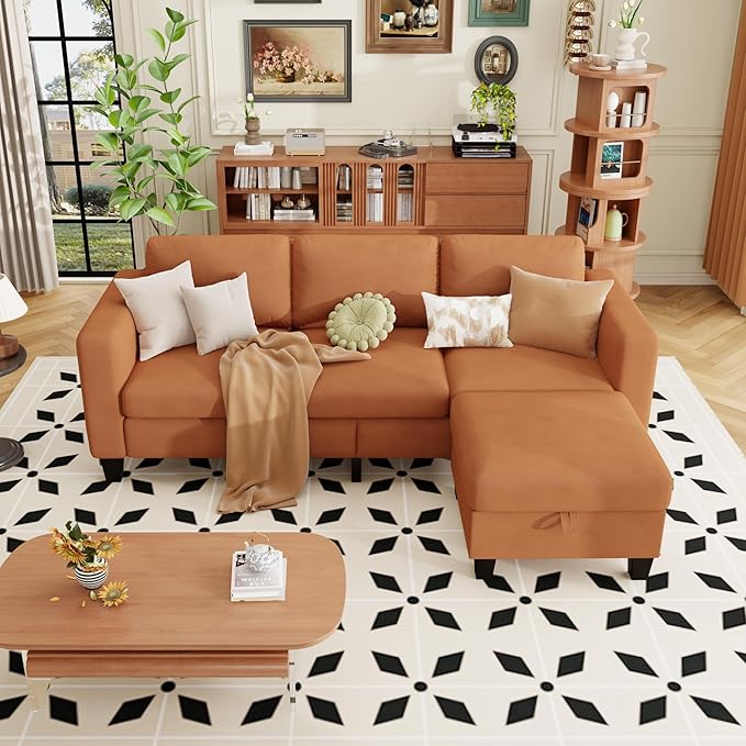 ZeeFu Sectional and Sofa Couches for Living Room - 78'' 3 Seater L-Shaped Modular Couch with Storage Ottoman - Modern Velevt Fabric Upholstered Sofa Set for Small Space Apartment Office